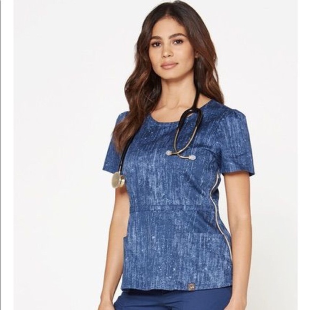 Jaanuu Navy Blue Denim Peplum Scrub Top
